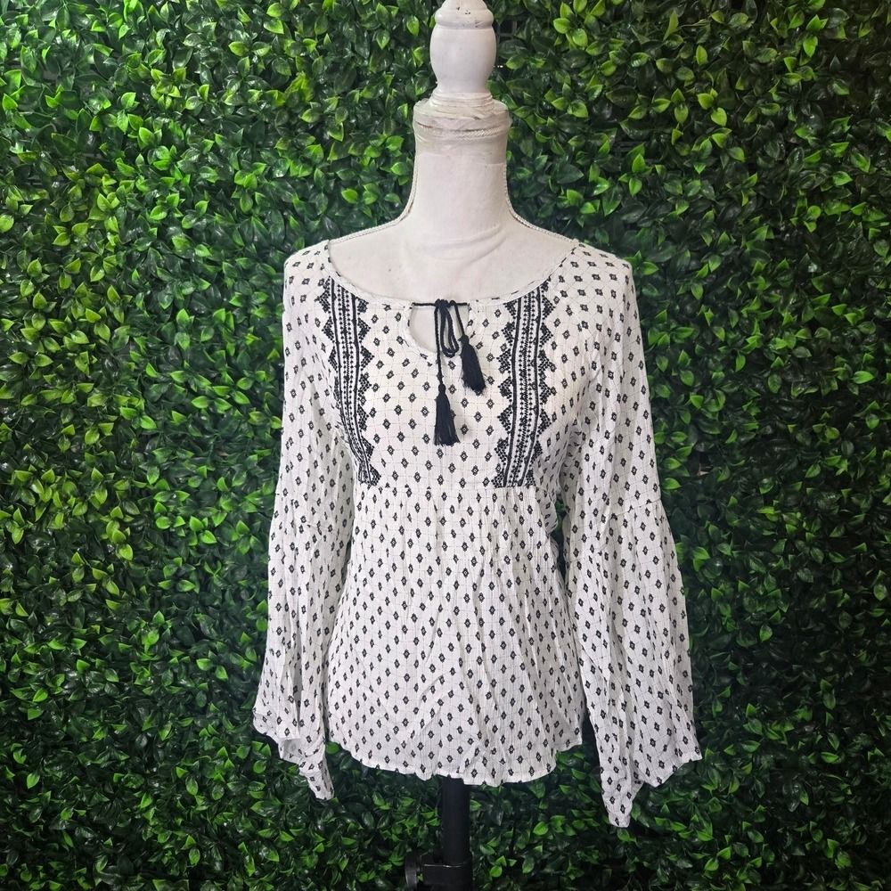 White Peasant Blouse with Black Embroidery and Tassel Tie